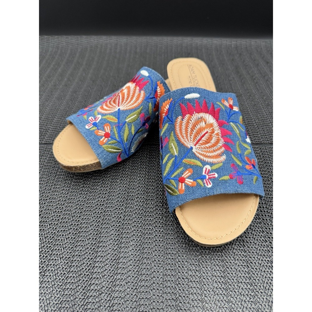 Adam Tucker By Me To Nico 12 Denim Floral Embroidered Slide Sandals 9M